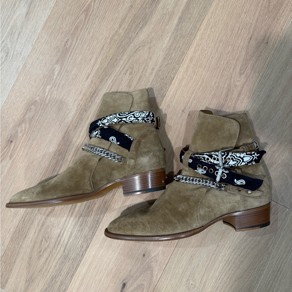 AMIRI Tan Suede Boots with Black Bandana Detail